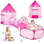 3pc Kids Play Tents for Girls with Ball Pit, Play Tunnel, Princess Tent for Kids, Toddler Pop Up Crawling Toys for Girl, Kids Playhouse for Indoor Outdoor (Pink Stars)