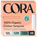 Cora Organic Applicator Tampon Multipack | 12 Light, 12 Regular, 12 Super Absorbency | 100% Organic Cotton, Unscented, BPA-Free Compact Applicator | Leak Protection, Easy Insertion | 36 Total