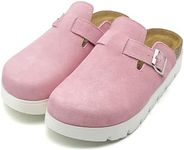 vinshoeci 100% Genuine Leather Platform Clogs for Kids Memory Foam Insole Arch Support Non-Slip Mules & Sandals for Girls & Boys Indoor Outdoor Cute Slippers Classic Adjustable Buckle Pink 3