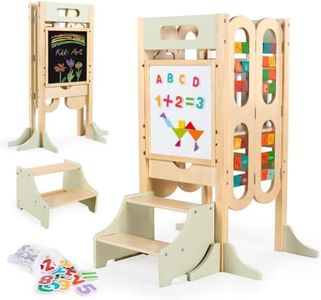 aiwo 10-in-1 Foldable Toddler Tower with 2-Step Stool Kitchen Standing Stool, 2 Adjustable Heights, Magnetic Whiteboard & Chalkboard & Montessori Learning Activities, Kids Independent Assistant