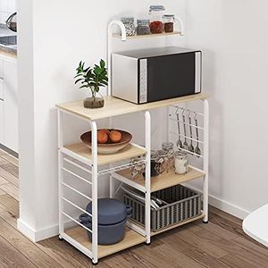 SogesPower Estantería para Horno Microondas de Cocina, con Ganchos S para Utensilios de Cocina, Estante Extra para frascos de Especias, 90 x 42 x 130 cm, Arce