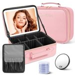 JUSRON Travel Makeup Bag with LED Mirror-3 Colors Modes, Portable Cosmetics Organizer with Adjustable Dividers Compartment, Light Up Vanity Case&Makeup Storage for Women with Makeup Accessories-Pink