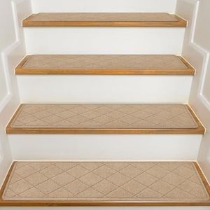 KOOTETA Stair Treads for Wooden Steps Indoor, 15 Pack 8" X 30" Non Slip Carpet Stair Treads with Reusable Adhesive for Kids Elders and Dogs, Surface Polyester TPR Backing Stair Rugs, Beige