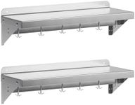 EcoExplorer Stainless Steel Shelf Wall Mounted, NSF Commercial Wall Shelf, Floating Shelving for Kitchen, Restaurant, Home, Hotel, 36 x 12 Inches Flat Surface with 7 Hooks, 2 Packs
