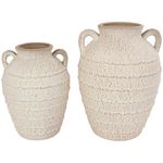 Deco 79 Ceramic Textured Vase with Handles and Terracotta Accents, Set of 2 11", 9" H, Cream