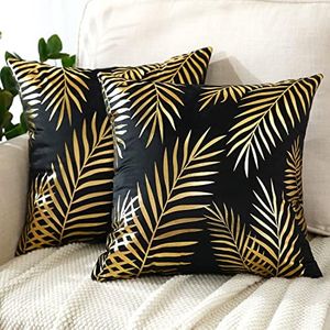 JOTOM Set of 2 Cushion Covers Decor Velvet Throw Pillow Covers Gold Leaves Decorative Pillow Cases Bronzing Flannelette Cushion Cover for Couch Bedroom Sofa Car Home Living Room Decor 40x40cm (Black)