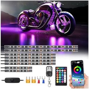 8 Piece RGB Motorcycle LED Underglow Kit with Brake Turn Signal, APP Control Music Sync, 24/4 Key Dual Remote, Waterproof Multicolor Motorcycle Strip Light for Harley Davidson Kawasaki ATV Golf Cart