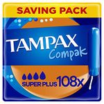 Tampax Compak Tampons, Super Plus with Applicator, 108 Tampons (18 x 6 Packs), Leak Protection and Discretion, Super Absorbent