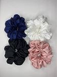 Atrube's Set of 4 Standard XL Satin Silk Hair Scrunchies Hair Bands Ponytail Ties Hair Scrunchies Flower Hair Scrunchies Girl Hair Accessory, Great for Casual and Party Dress Best Gift