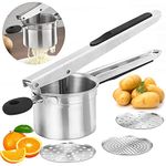 Potato Ricer Set with 3 Interchangeable Discs (Fine, Medium, Coarse) and Grip Handle Stainless Steel Potato Masher Large Capacity Fruit Masher Juicer Vegetable Strainer Manual Kitchen Gadget