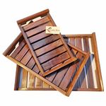 CARTADEN Wooden Serving Trays Modern Style With Cutout Handle Large, Medium And Small For Food, Wooden Trays For Breakfast - Natural Wood And Brown (Set of 3) Rectangular