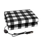 Electric Car Blanket-12 Volt Heated Car Blanket with Temperature Controller, Travel Electric Blanket Throw Fleece Blanket for for Car, Truck or RV Good for Cold Weather and Drive-ins (black and white)