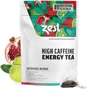 Zest 135mg High Caffeine Energy Leaf Blend - Pomegranate Mojito Green Tea - 20 Pack Bag - All Natural Strong Flavored Healthy Coffee Alternative Highly Caffeinated Substitute - Perfect for Keto
