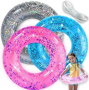 Pool Floats Kids 3 Pack, Inflatable Swim Rings for Kids Pool Tubes Toys, Pool Floats Ring Toys, Summer Beach Swimming Pool Floats Party Supplies + Patch&Tow Rope