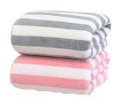 MAXOSHINE Microfiber Towels for Bath-Stripes Bath Towel for Men and Women-Soft Coral Fleece Towel with Hook Quick Dry Super Absorbent-70 x 140 cm (Grey/Peach, Pack of 2)