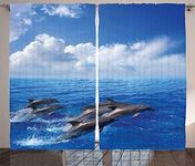 Ambesonne Sea Animals Curtains, Dolphins Jumping in Clear Sea and Fluffy Clouds in Sky Marine Life Photograph, Living Room Bedroom Window Drapes 2 Panel Set, 108" X 84", Sea Blue Grey