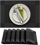 More Décor Dining Table Placemats, Washable Heat-Resistant PVC Vinyl Table Mats for Dining Room and Kitchen, Anti-Slip - Set of 6 -Black