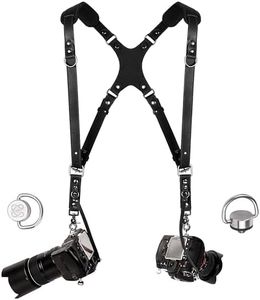 C Coiro Camera Harness for 2 Cameras – Dual Shoulder Leather Camera Strap – Double Camera Harness for DSLR/SLR, Black, Adjustable