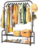 ZHZIRO Clothes Rail Black Metal Coat Rack Freestanding Garment Rack Hanger With 6 Side Hooks and 2-Tier Lower Storage Shelf for Bedroom Home Office Indoor (Single Rail)