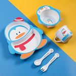 TOYSM Bamboo Baby Tableware Set, Eco Friendly Baby Penguin Shape Bamboo Fiber Dinner Set for Weaning Toddlers/Kids, Set of Plate Bowl Cup Fork& Spoon/Baby Feeding Utensils (Baby Penguin, Multicolor)
