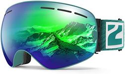 ZIONOR X Ski Snowboard Snow Goggles OTG Design for Men Women Adult with Spherical Detachable Lens UV Protection Anti-fog (MatteGreen Frame Revo Green Lens)