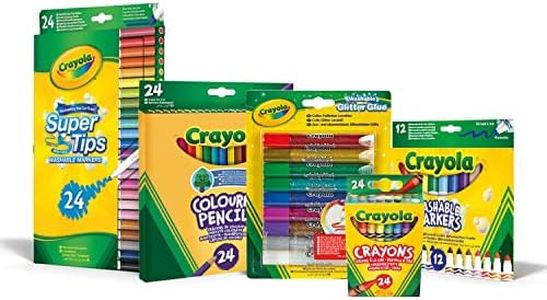 CRAYOLA - Set Fun Coloring, Attività Creativa per casa e Scuola, Pennarelli, Matite, Pastelli a cera, Colle Glitter, Materiale per lavoretti creativi, 7438