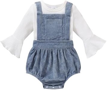 Tiny Cutey Newborn Baby Girl Clothes Bell Sleeve Romper and Corduroy Overalls Shorts Infant Girl Fall Outfits(Blue corduroy overalls,0-3 Months)