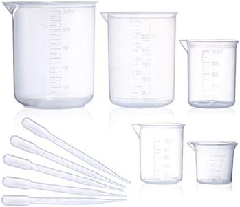 Plastic Beaker Set, 5 Sizes Low Form Measuring Graduated Griffin Polypropylene Beakers in 500 ml, 250 ml, 100 ml, 50 ml, 25 ml for Laboratory, & Science Experiments with 5 Plastic Droppers in 3 ml