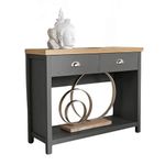 Home Source 2 Drawer Console Side Table Compact Sideboard Storage, Dark Grey, Oak Effect