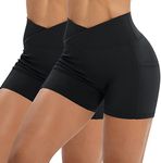 Iserkafe Workout Shorts for Women 2 Pcs Pack Cross Waist Active Gym Spandex Stretchy Yoga Compression with Side Pockets,Black+Black-S