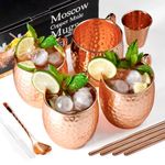 Moscow Mule Copper Mugs - Set of 4-100% Handcrafted Solid Copper Mugs, Gift Set with 4 Copper Straws, 1 Stirring Spoon, 1 Copper Shot Glass, 1 Straw Cleaning Brush.