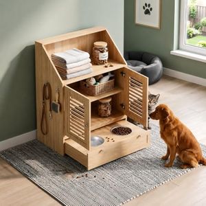Garvee Dog Feeding Station with Storage & 2 Elevated Bowls, Natural