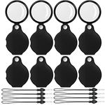 SAYEEC 8 Pcs 10X Small Magnifying Glass, Pocket Magnifier Folding Magnify Glass with Rotating Protective Leather Sheath and 8 Pcs Lanyard, Mini Magnifying Lens for Reading Books Jewelry Coins Gems