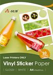 A-SUB White Glossy Premium Waterproof Printable Vinyl Sticker Paper, Self-Adhesive Vinyl Labels for Laser Printers, A4 Size, 20 Sheets