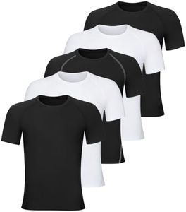 CYPER SUN 5 Pack Boys Compression Shirt Short Sleeve - Youth Kids Quick Dry Athletic Undershirt, Basketball Football Sports Base Layer T-Shirts for Boys Toddler 3Black2White XS