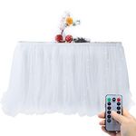 OakHaomie 10ft Table Skirt Tulle Tutu Table Cloth with 15pcs String Lights for Rectangle or Round Table for Party, Birthday Party&Home Decoration,Table Skirting (White, 10ftX2.63ft)