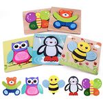 Highttoy Wooden Puzzles for 1 2 3 Year Olds,5 Pcs Jigsaw Puzzles for Toddlers Animal Shape Blocks Chunky Puzzles Montessori Wooden Toys Age 1-3 Early Eduactional Puzzle Toy Game for Boys Girls