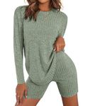 Lynkiss Women's 2 Piece Outfits Ribbed long Sleeve Drop Shoulder Tee Biker Shorts Workout Set Tracksuit,Green,M