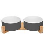 SPUNKYJUNKY Ceramic Dog and Cat Bowl Set with Wooden Stand, Modern Cute Weighted Food Water Set for Small Size Dogs (13.5OZ) & Medium Sized Dogs (28.7OZ) & Cats (3.6 Cups, 2 × White-Grey)