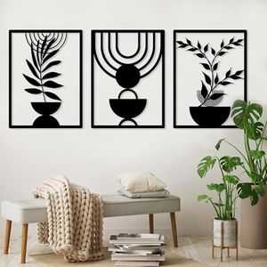 Pduoduo 3 panneaux d'art mural bohème en métal, art mural abstrait minimaliste géométrique, sculpture murale en métal noir pour salon, chambre à coucher (56 x 42 cm)