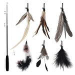 SONGWAY Cat Feather Stick Toy - 7 PCS Cat Feather Toys, 1 Cat Teaser Wand with 6 Feather Refills with Bell, Interactive Cat Toy Wand for Indoor Cat and Kitten, Black