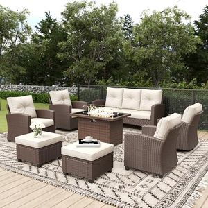 Aeeiua 8 Pieces Patio Furniture Set with Fire Pit Table, Outdoor Wicker Rattan Swivel Chair Sets Thick Cushion All Weather for Deck Outside and Poolside