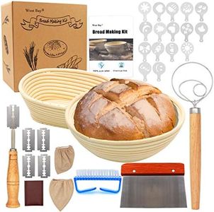 West Bay 32Pcs Bread Proofing Basket Set, 10 Inch Round & 8 Inch Oval Cane Sourdough Basket w/Bread Lame Dough Scraper Linen Liner Brush Flouring Stencils Fermentation Danish Dough Whisk Father's Day