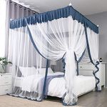 JQWUPUP Elegant Bed Canopy Curtains, Color Stitching Ruffle 4 Corner Post Canopy Netting, Bed Canopy for Girls Toddlers Crib Adult Kids, Bedding Décor (King, Blue-Grey)