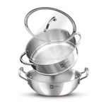 Bergner BE Bergner Essentials Tri-Ply Stainless Steel 3 Pcs Cookware Set of 24 cm Kadai and Steamer with Flat Glass Lid, Kadhai and Steamer Set, Induction, Silver, 5-Year Warranty by Bergner