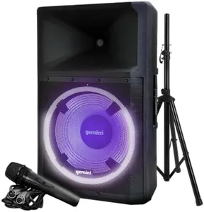 Gemini Sound GSP-L2200PK Indoor 2200 Watt Peak Bi-Amped Wired AC Powered Bluetooth DJ Speaker with 15" Inch Woofer, LED Party Lights, Built in Media Player, and Included Microphone and Speaker Stand