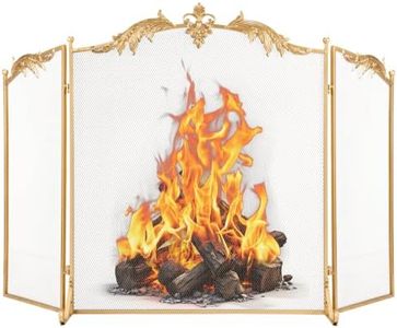 WICHEMI Fireplace Screen 3 Panel Folding Fireplace Screens 50.4 x 32.3 Inch Metal Furnace Fireguards Mesh Cover Baby Safe Proof Fence Spark Guard Cover Wrought Iron Fire Place Standing Gate (Golden)