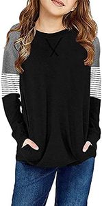 storeofbaby Casual T-Shirts for Girls Round Neck Color Block Tops Cute Tunic D Black