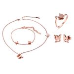 Cupimatch Butterfly Bracelet Ring Earrings Necklace Set, 18k Rose Gold Plated Love Jewelry Gift Set for Women