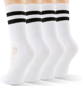 CS CELERSPORT Pilates Socks for Women, 4 Pairs Yoga Crew Non Slip Grip Socks for Barre Hospital Gym, White, Small